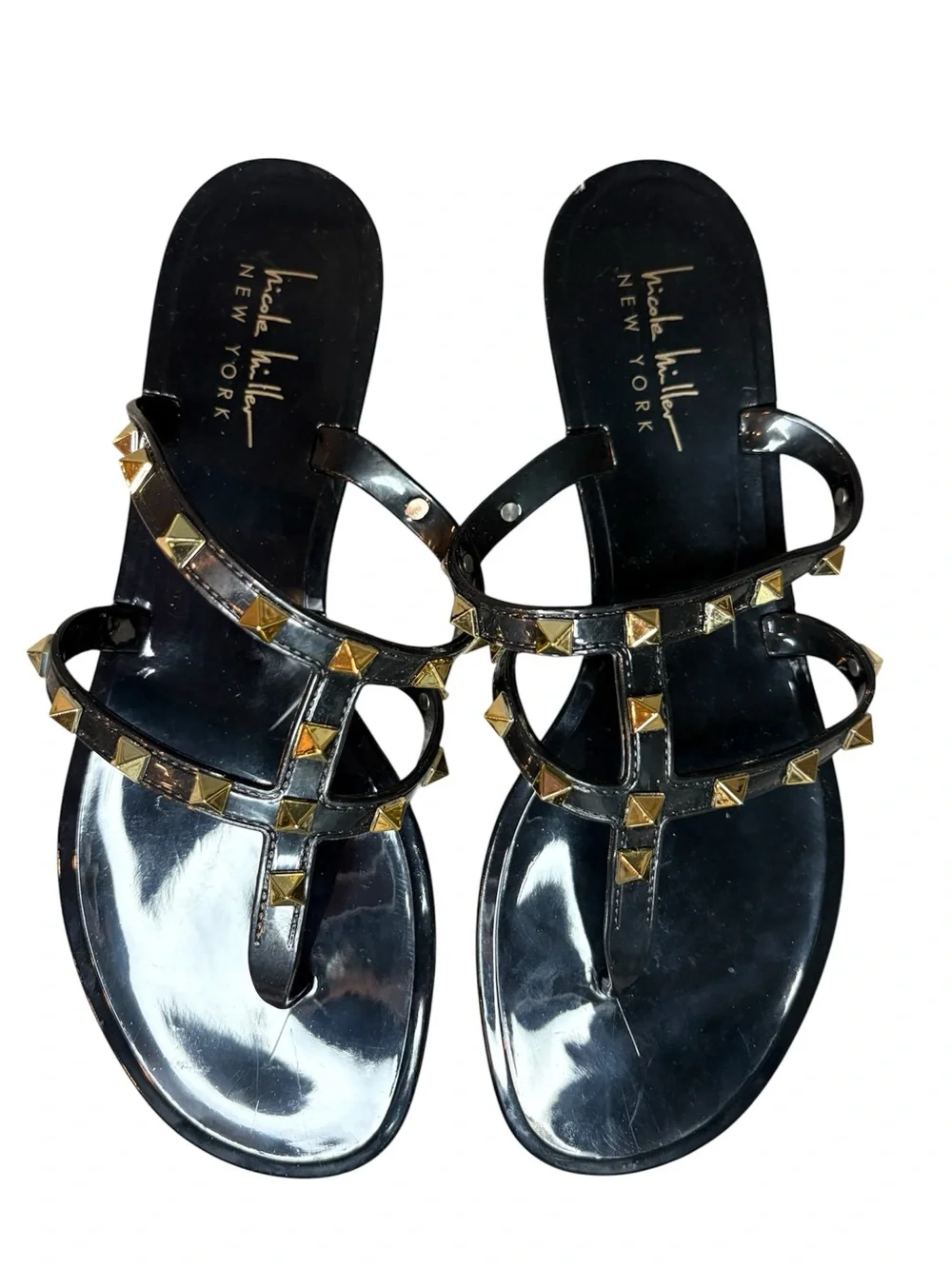 NEW Nicole Miller Brooney studded jelly sandals black gold size 8
